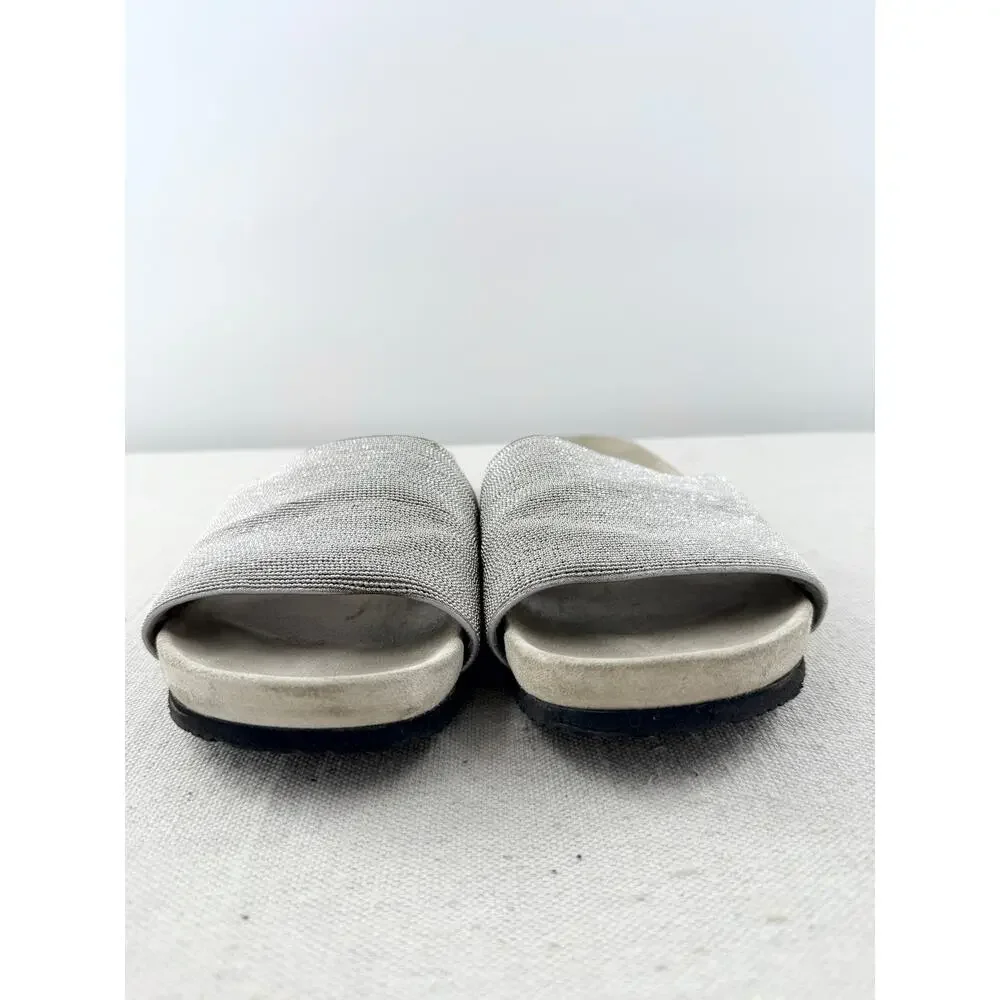 Brunello Cucinelli Anatomical Suede Embellished Slides Sandals Silver Tan EU 40